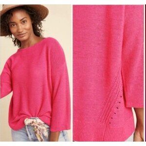 Anthropologie Linen Sweater Hot Pink Linen Blend Pullover Sz M 3/4 Sleeve Womens